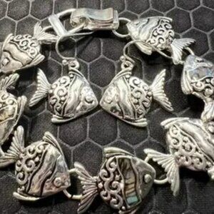 Fish Bracelet and Earring Set with Green Abalone Stones18K White Gold Plated